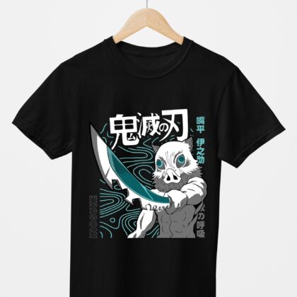 T-shirt floqué Demon Slayer — Inosuke Hashibira Masque de Sanglier (noir)