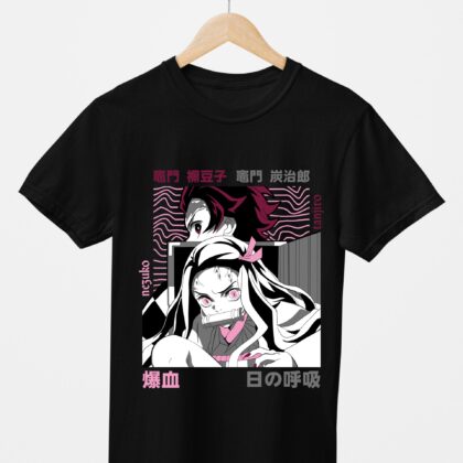 T-shirt floqué Demon Slayer — Nezuko Kamado Kimono Rose (noir)