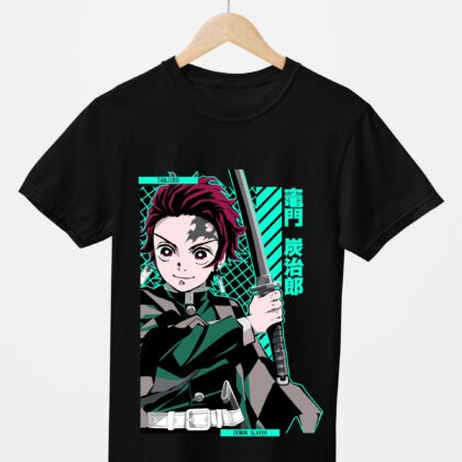 T-shirt floqué Demon Slayer — Tanjiro Kamado Bataille (noir)