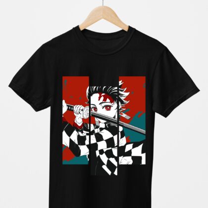 T-shirt floqué Demon Slayer — Tanjiro Kamado Damier Rouge (noir)
