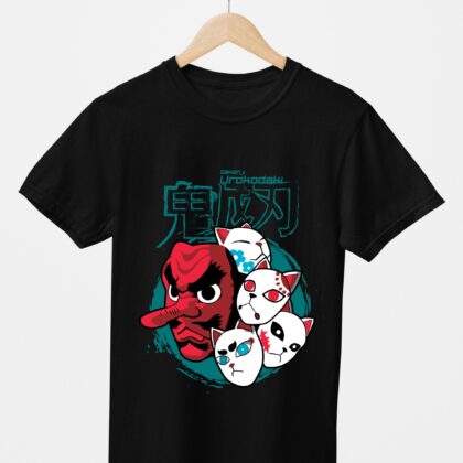T-shirt floqué Demon Slayer — Masques Oni Traditionnels (noir)